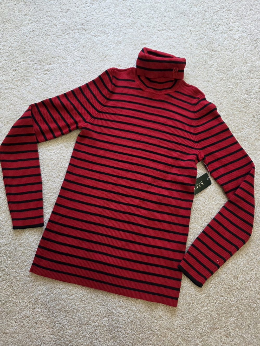 Ralph Lauren Red and Black Striped Turtleneck Sweater
